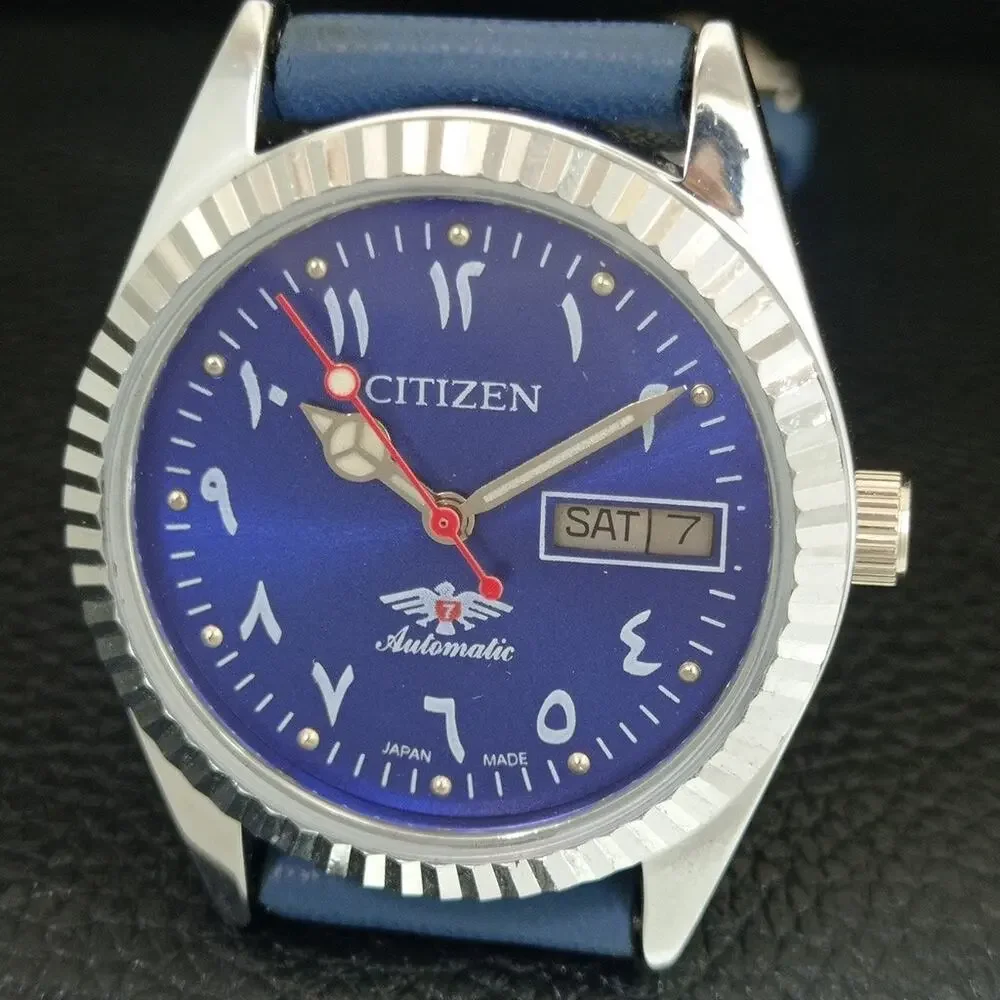 Vintage 1973 Citizen Automatic Mens Silver Watch W/daydate & Blue accents